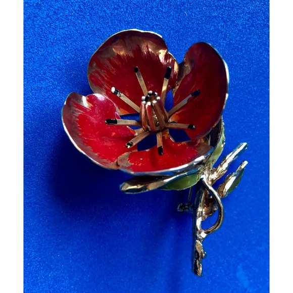 Vintage Red and Green Enamel Poppy Dimensional Brooch - Picture 1 of 4